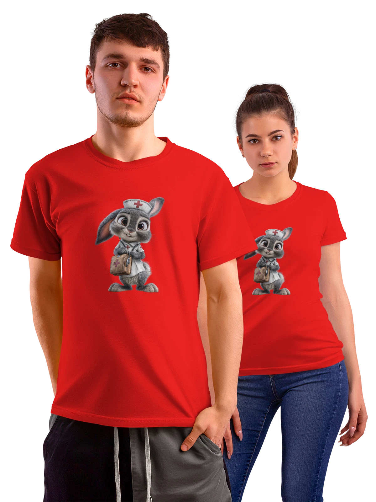 Футболка Серый кролик-медсестра с медсумкой красная с принтом — медицинская сумка — Красная, фото 1