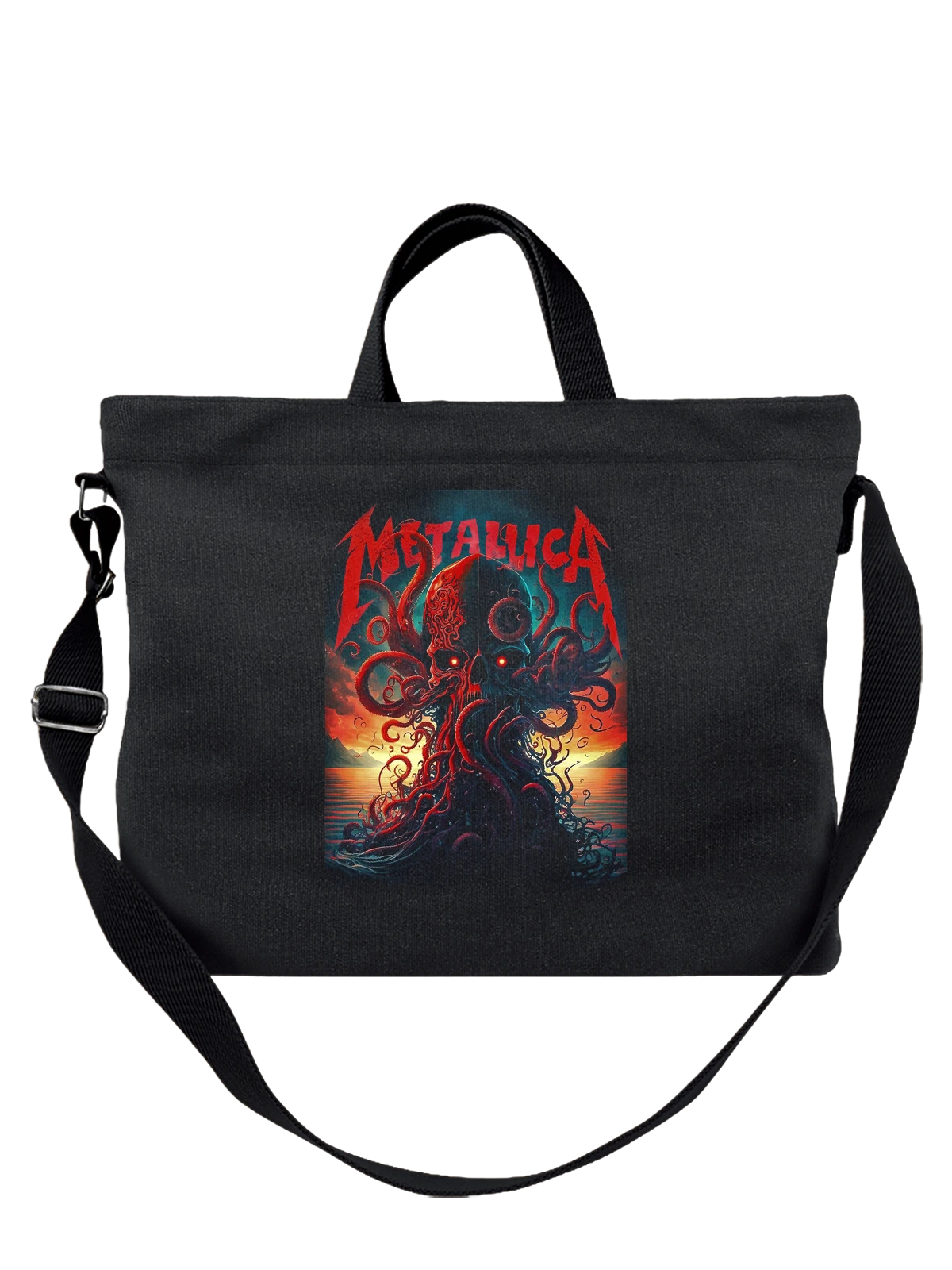 Сумка чёрная с принтом Metallica череп осьминога с щупальцами — красно синий принт — Чёрная, фото 1