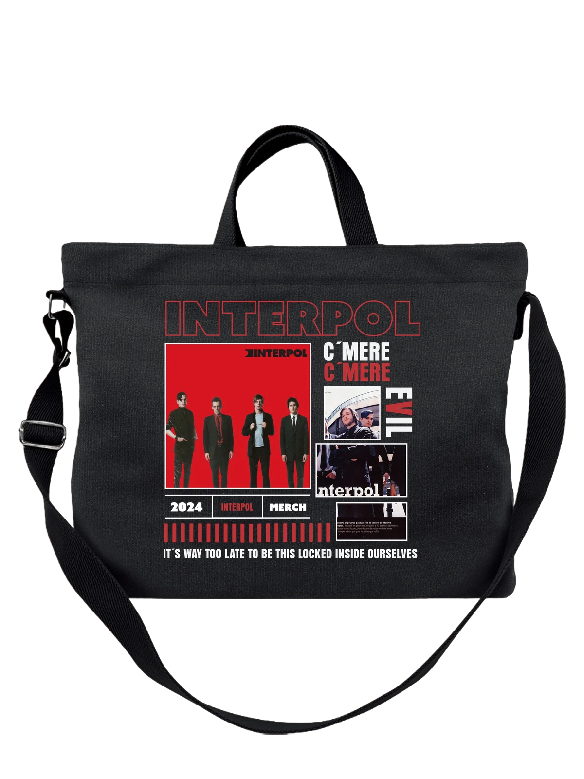 Сумка Группа Interpol с фото участников в красном чёрная с принтом — портреты музыкантов — Чёрная, фото 1