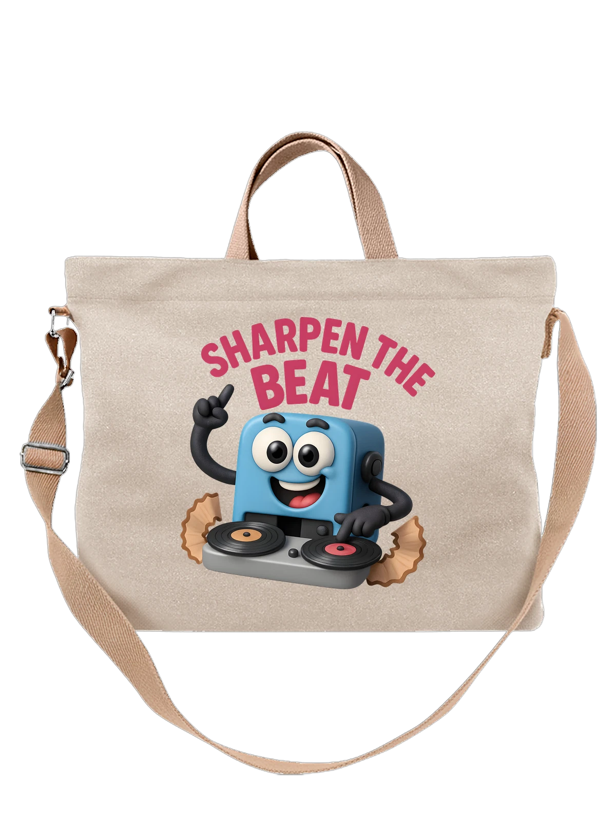 Сумка бежевая с принтом DJ Sharpeen The Beat с виниловым плеером — клубная сцена — Бежевая, фото 1