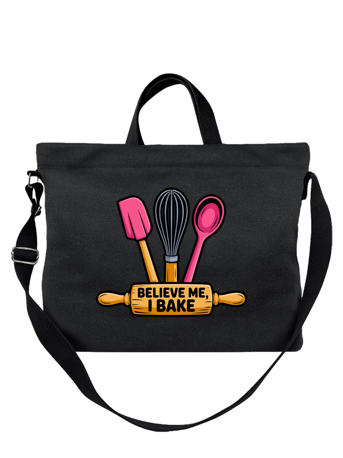 Сумка чёрная с принтом с венчиком и надписью Believe Me I Bake — пекарня — Чёрная, фото 1