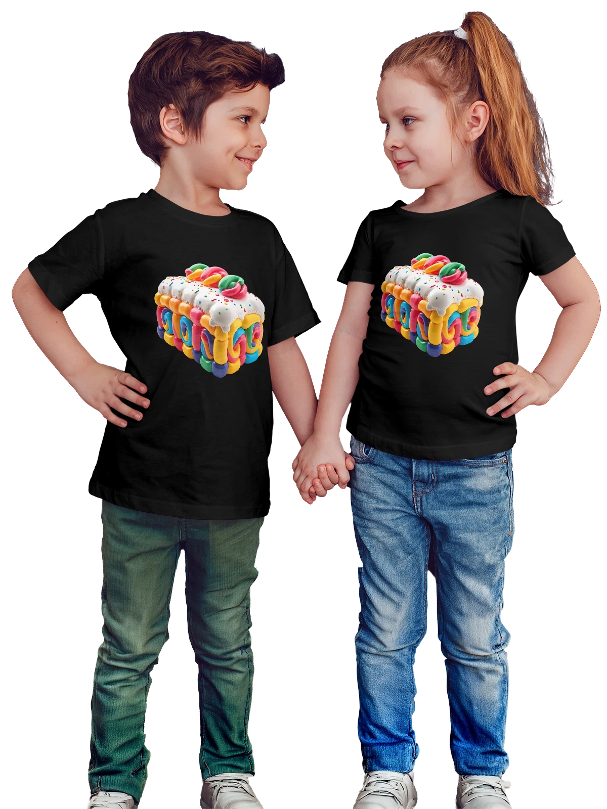 Футболка детская Цветной пончик с глазурью и посыпкой чёрная с принтом — объемный десерт — Чёрная, фото 1
