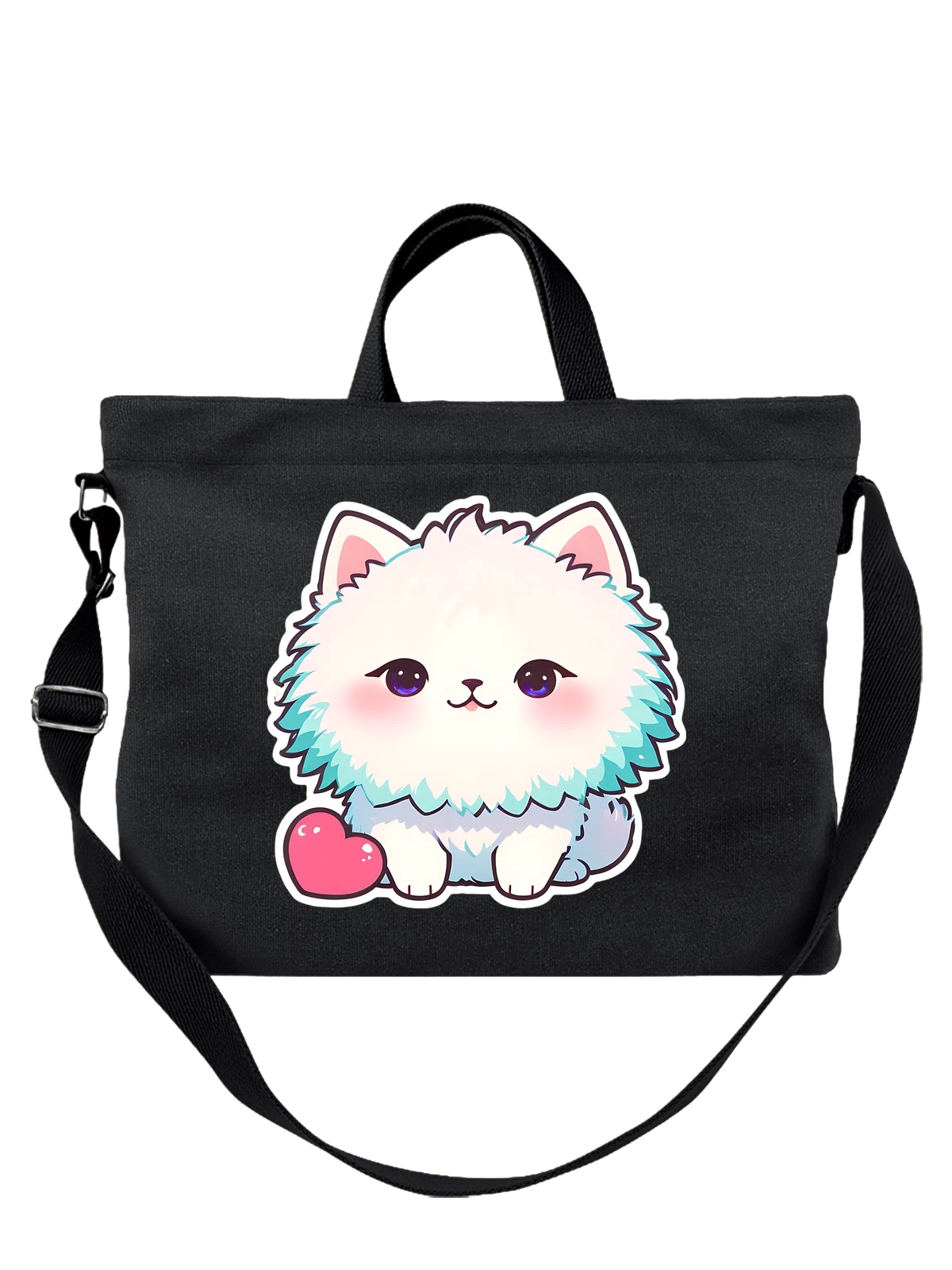 Сумка чёрная с принтом Милый пушистый белый котёнок с сердечком — kawaii cat — Чёрная, фото 1
