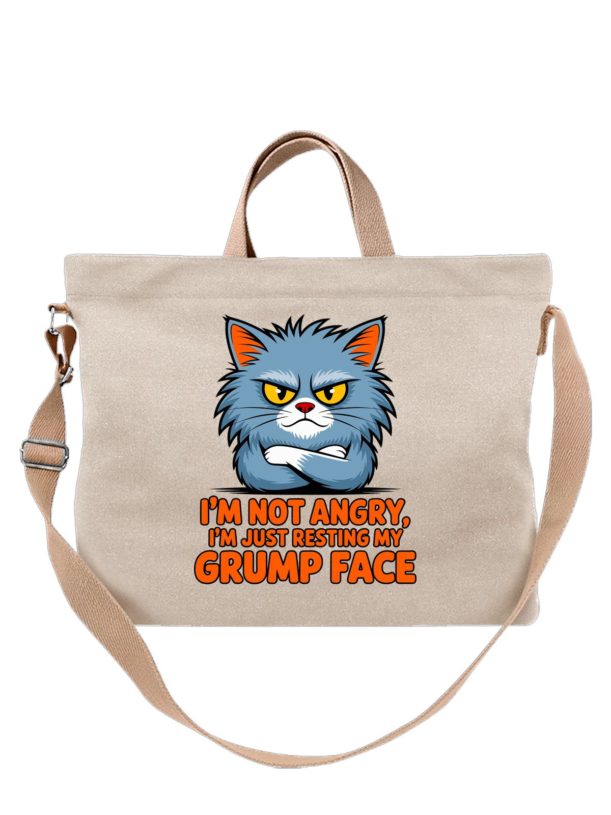 Сумка бежевая с принтом Сердитый серый кот с надписью Grump Face — кот с надписью — Бежевая, фото 1