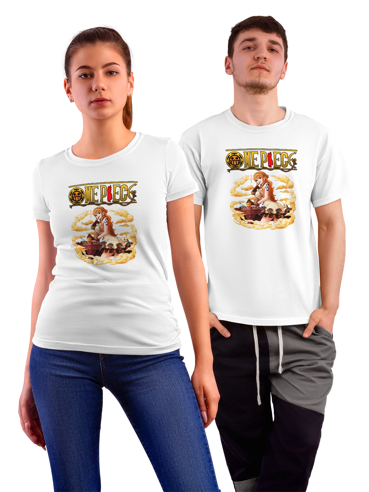 Футболка Нами One Piece в золотых облаках белая с принтом — золотые облака — Белая, фото 1