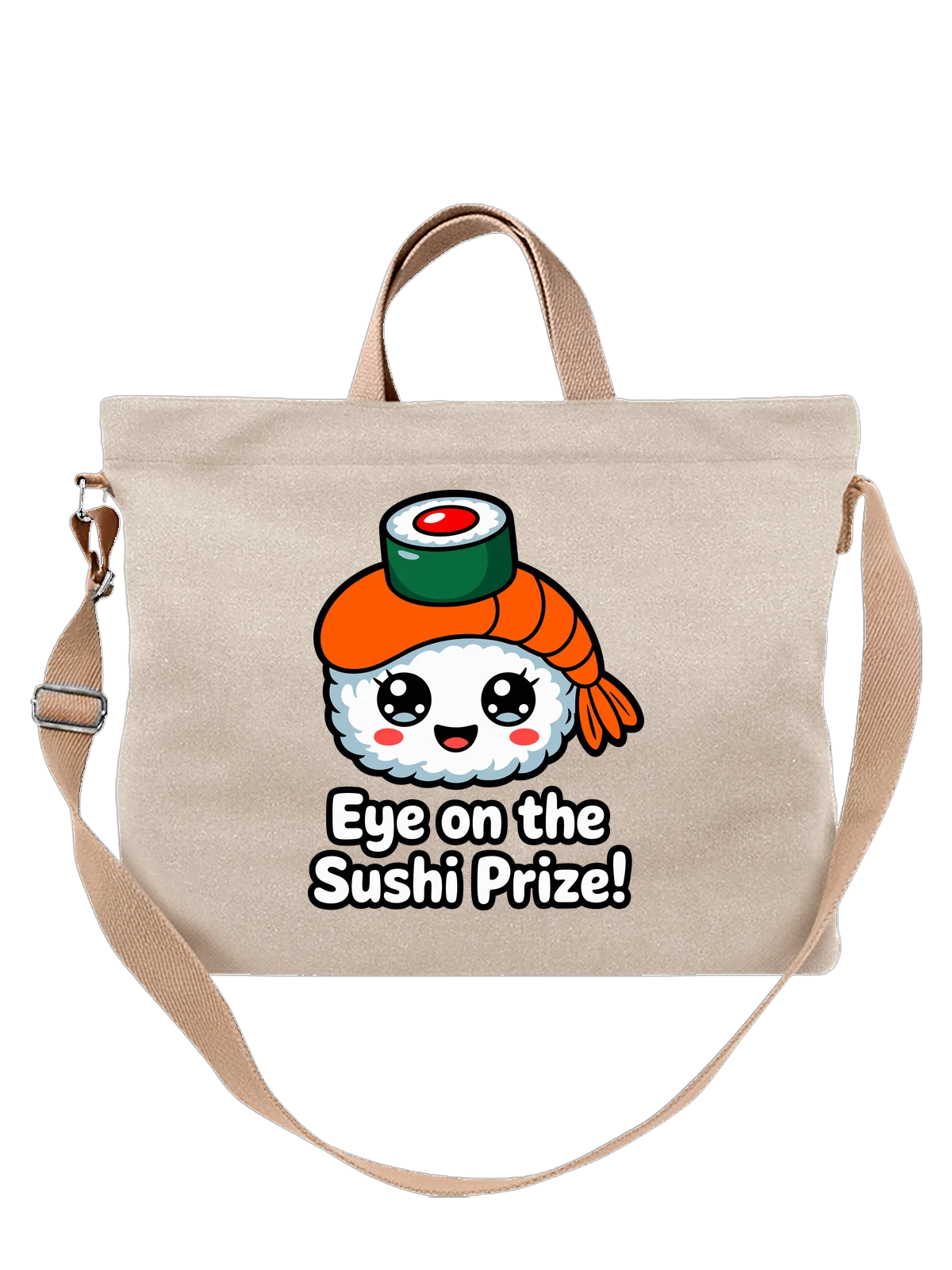 Сумка бежевая с принтом Милый суши ролл с надписью Eye on the Sushi Prize — аниме стиль — Бежевая, фото 1