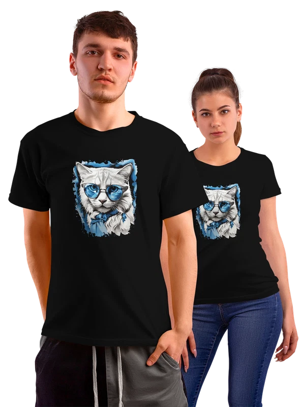 Футболка Кот Cat синие очки и голубой платок арт — Чёрная, фото 1