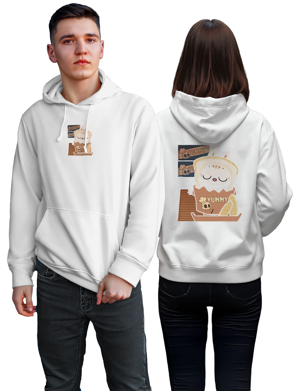 Худи Милый кот в хлебном костюме YUMMY белое с принтом — забавный кот — Белая, фото 1