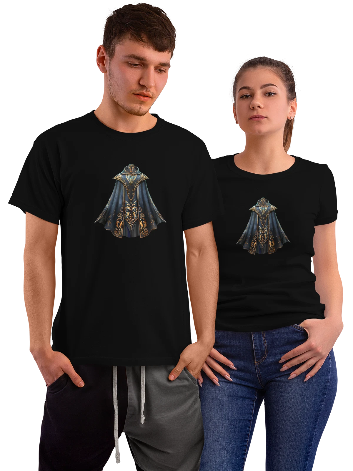 Футболка Магический плащ с золотым орнаментом чёрная с принтом — золотые узоры — Чёрная, фото 1