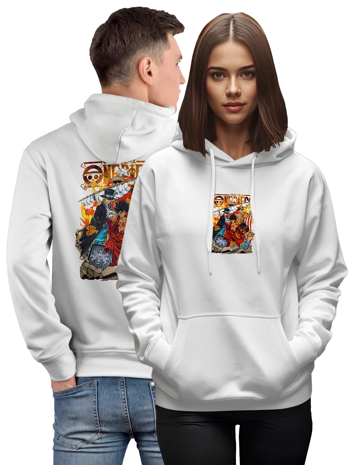 Худи One Piece Луффи Эйс Сабо пираты белое с принтом — огонь — Белая, фото 1