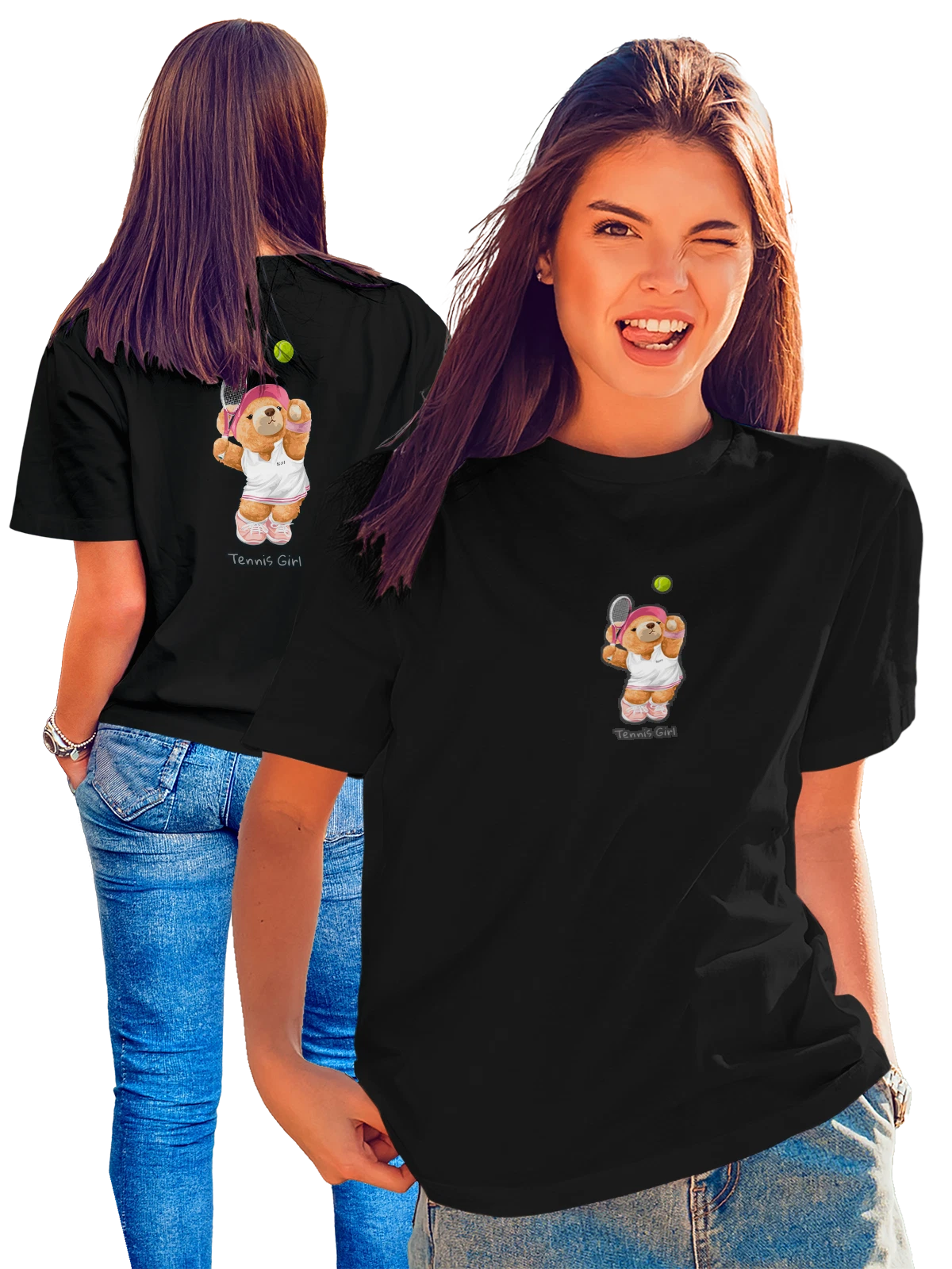 Футболка Медведица tennis girl чёрная с принтом на спине — природная тематика — Чёрная, фото 1