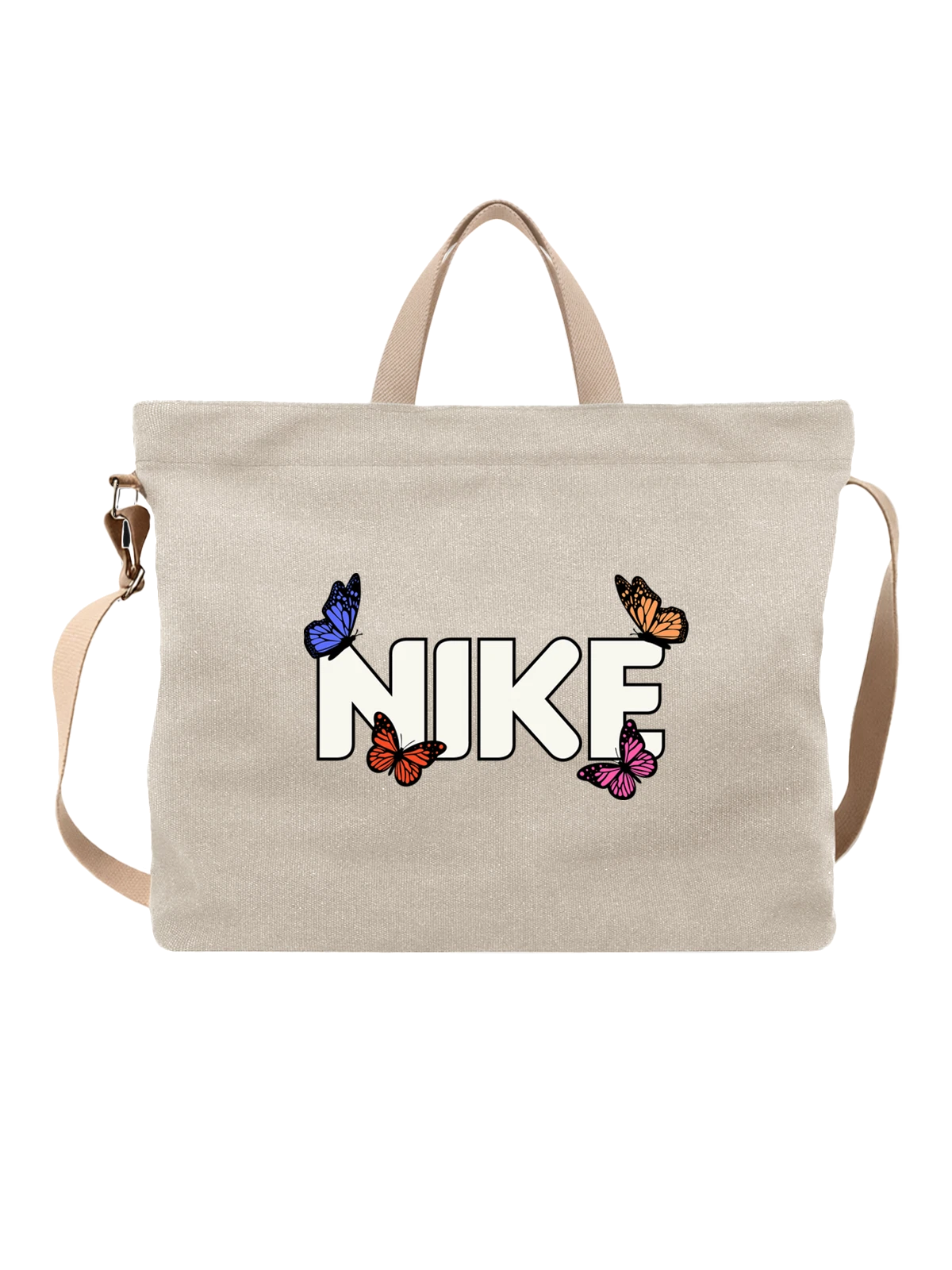 Сумка Nike с логотипом и бабочками белая с принтом — минималистичный спортивный принт — Белая, фото 1