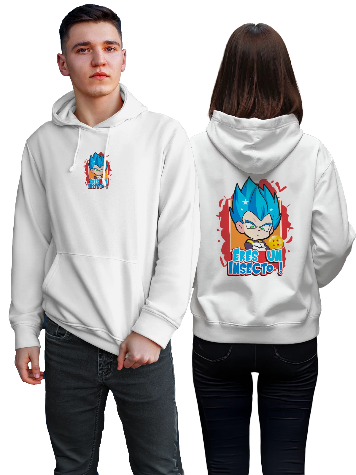 Худи Вегета с шаром дракона и надписью ER ES UN INSECTO белое с принтом — Dragon Ball шар — Белая, фото 1
