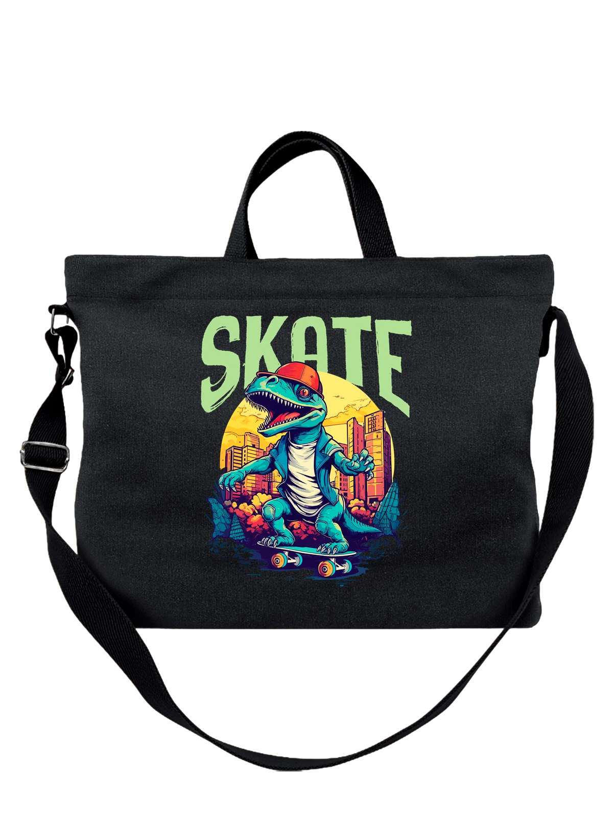 Сумка Динозавр skate чёрная с принтом — подарок любителю динозавров — Чёрная, фото 1