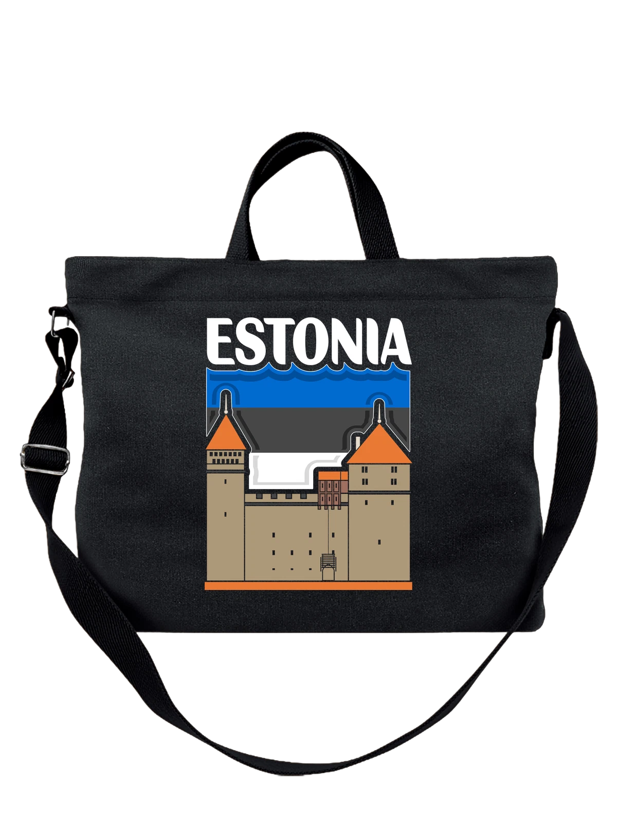 Сумка с флагом Эстонии Estonia замок чёрная с принтом — национальная символика — Чёрная, фото 1