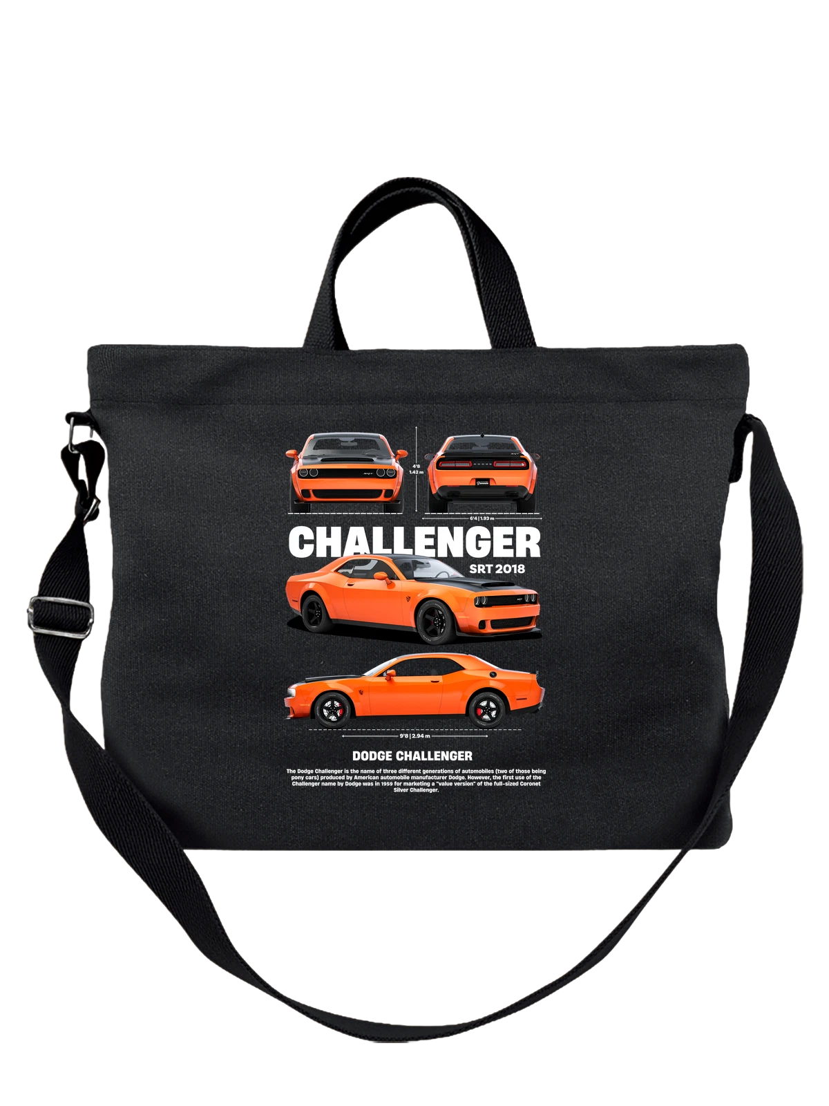 Сумка Оранжевый Dodge Challenger SRT Hellcat чёрная с принтом — черный капот — Чёрная, фото 1