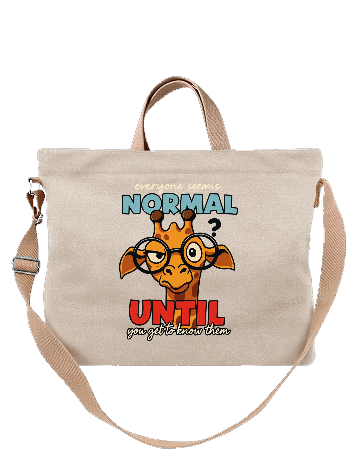 Сумка бежевая с принтом Жираф в очках с надписью NORMAL UNTIL — животное с очками — Бежевая, фото 1