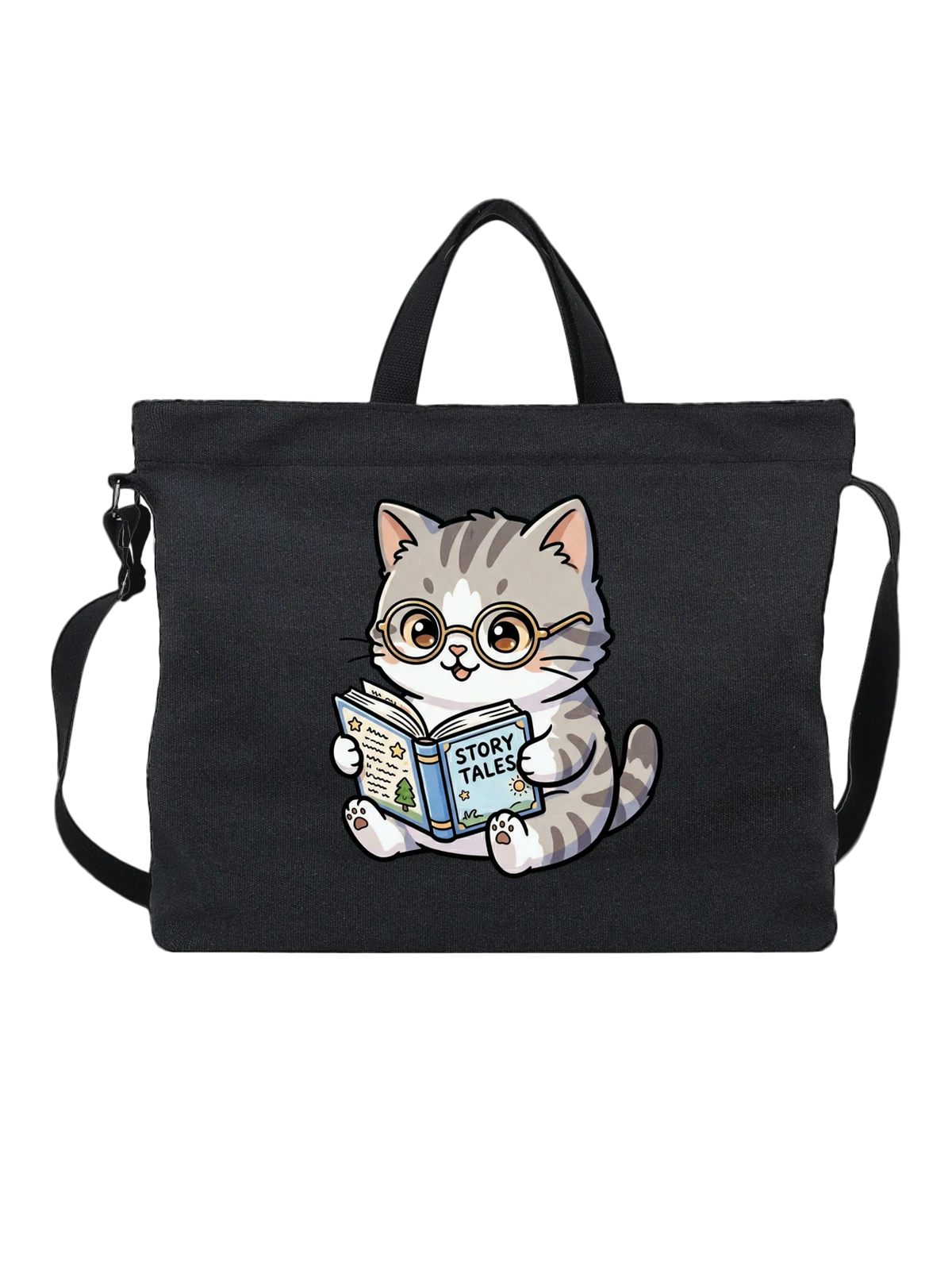 Сумка чёрная с принтом Милый котёнок в очках с книгой — домашняя кошка — Чёрная, фото 1