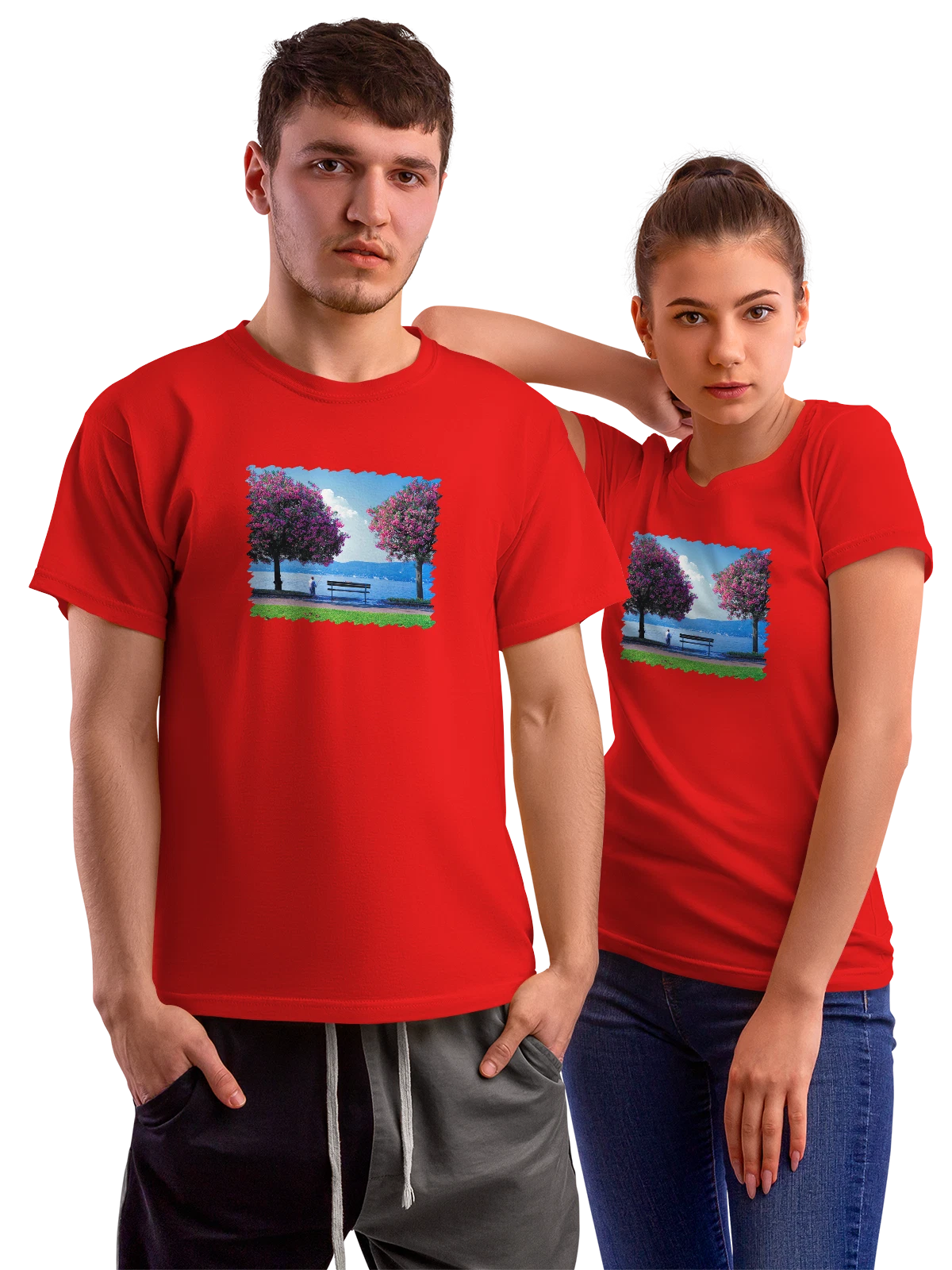 Футболка Природа Spring Fishing Scene красная с принтом — живописное место — Красная, фото 1