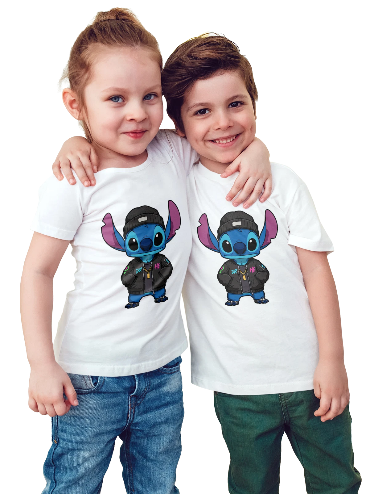 Футболка детская Ститч Stitch мультфильм уличный хип-хоп белая с принтом — золотая цепочка — Белая, фото 1