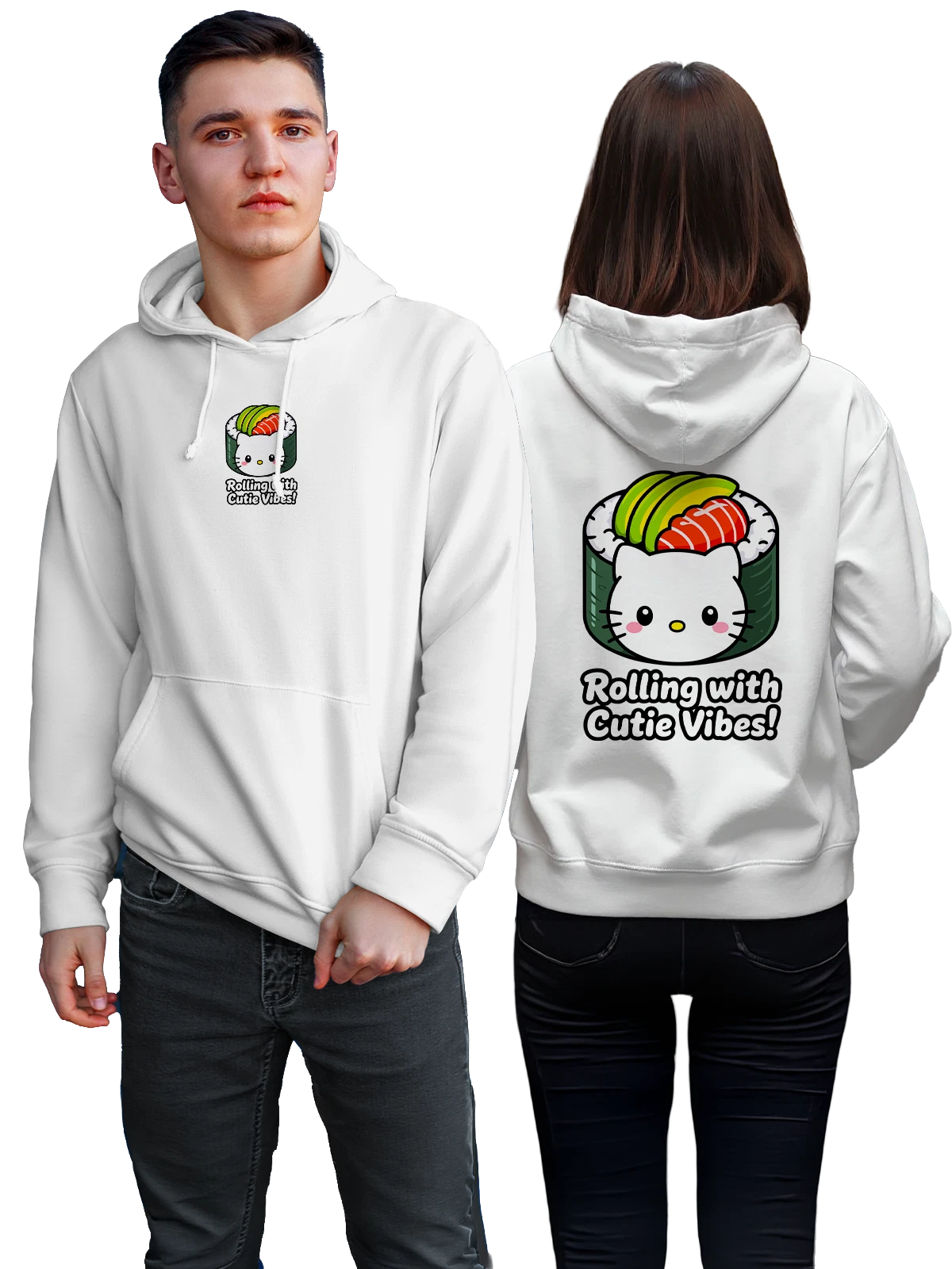 Худи Hello Kitty в суши ролле с лососем белое с принтом — кошачий персонаж — Белая, фото 1