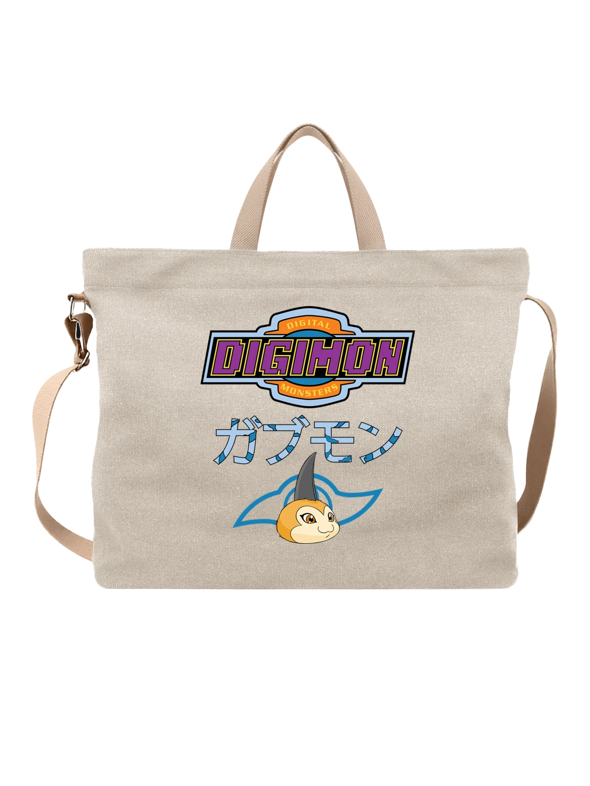 Сумка бежевая с принтом Digimon Габумон персонаж аниме с эмблемой — эмблема — Бежевая, фото 1