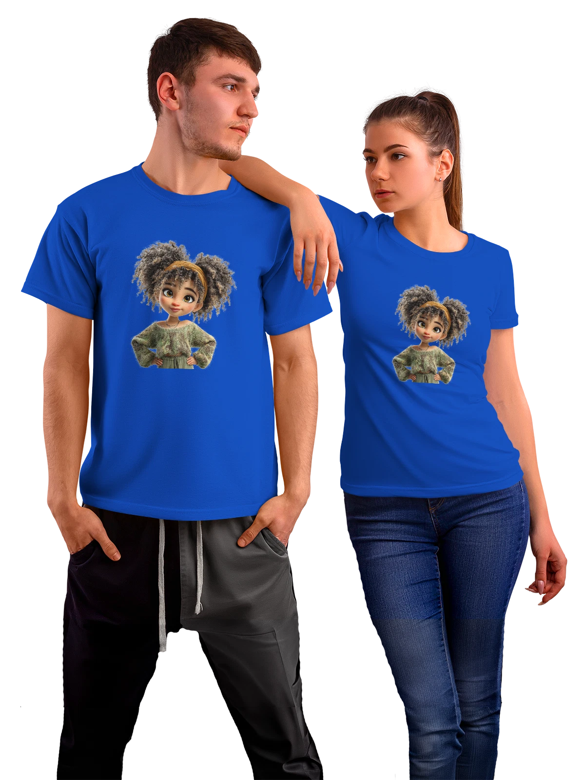Футболка Девочка с кудрявыми волосами и повязкой синяя с принтом — большие глаза — Синяя, фото 1