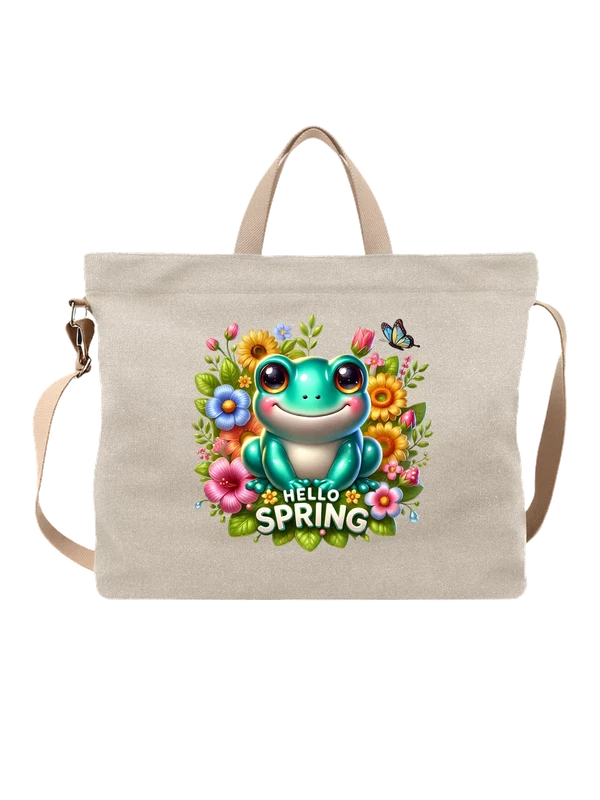 Сумка с лягушкой Hello Spring и весенними цветами — Белая, фото 1