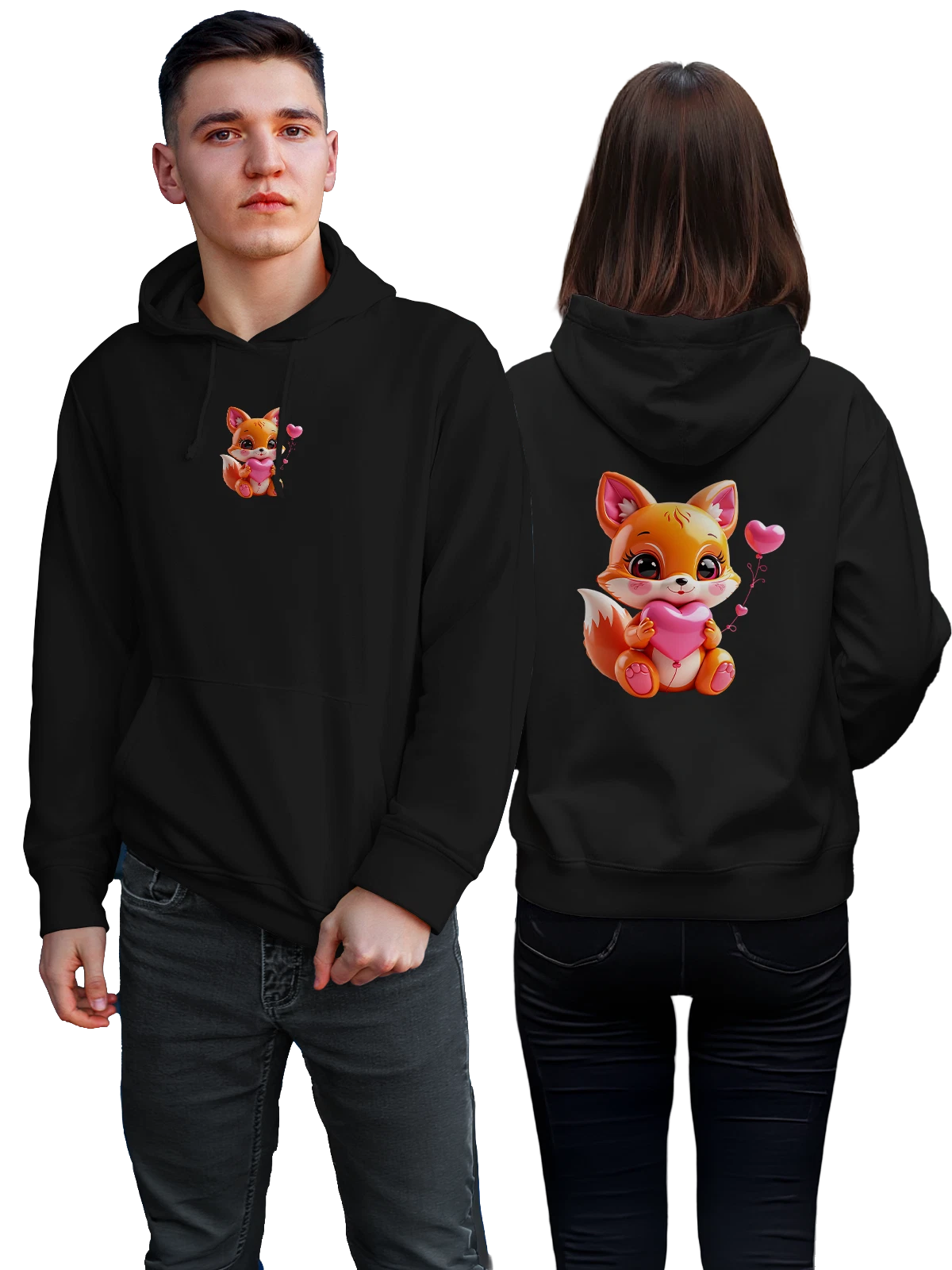 Худи Милый лисенок с сердцем и шариком чёрное с принтом — kawaii fox — Чёрная, фото 1
