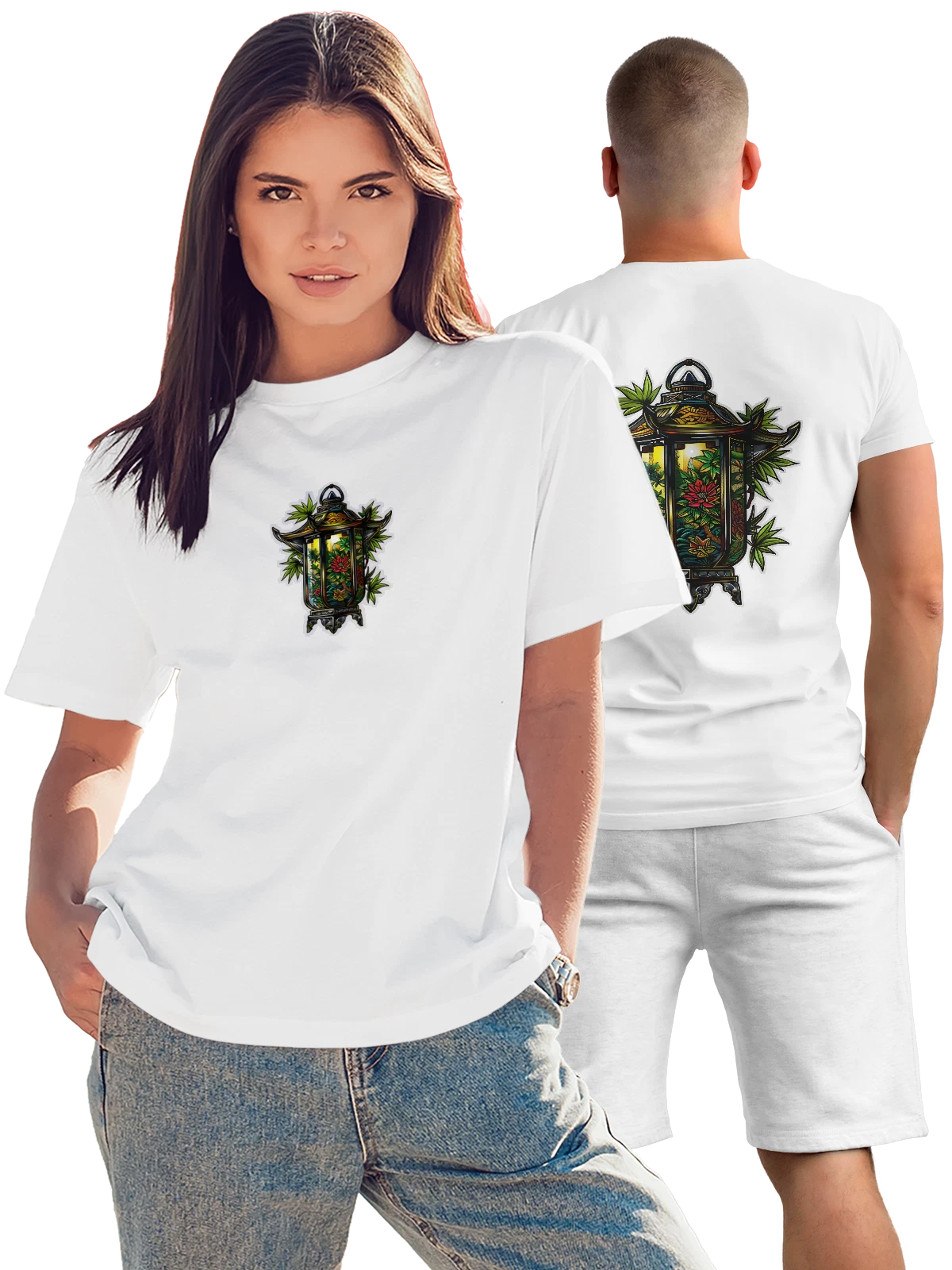Футболка Азиатский фонарь с цветами и листьями белая с принтом на спине — лотос — Белая, фото 1