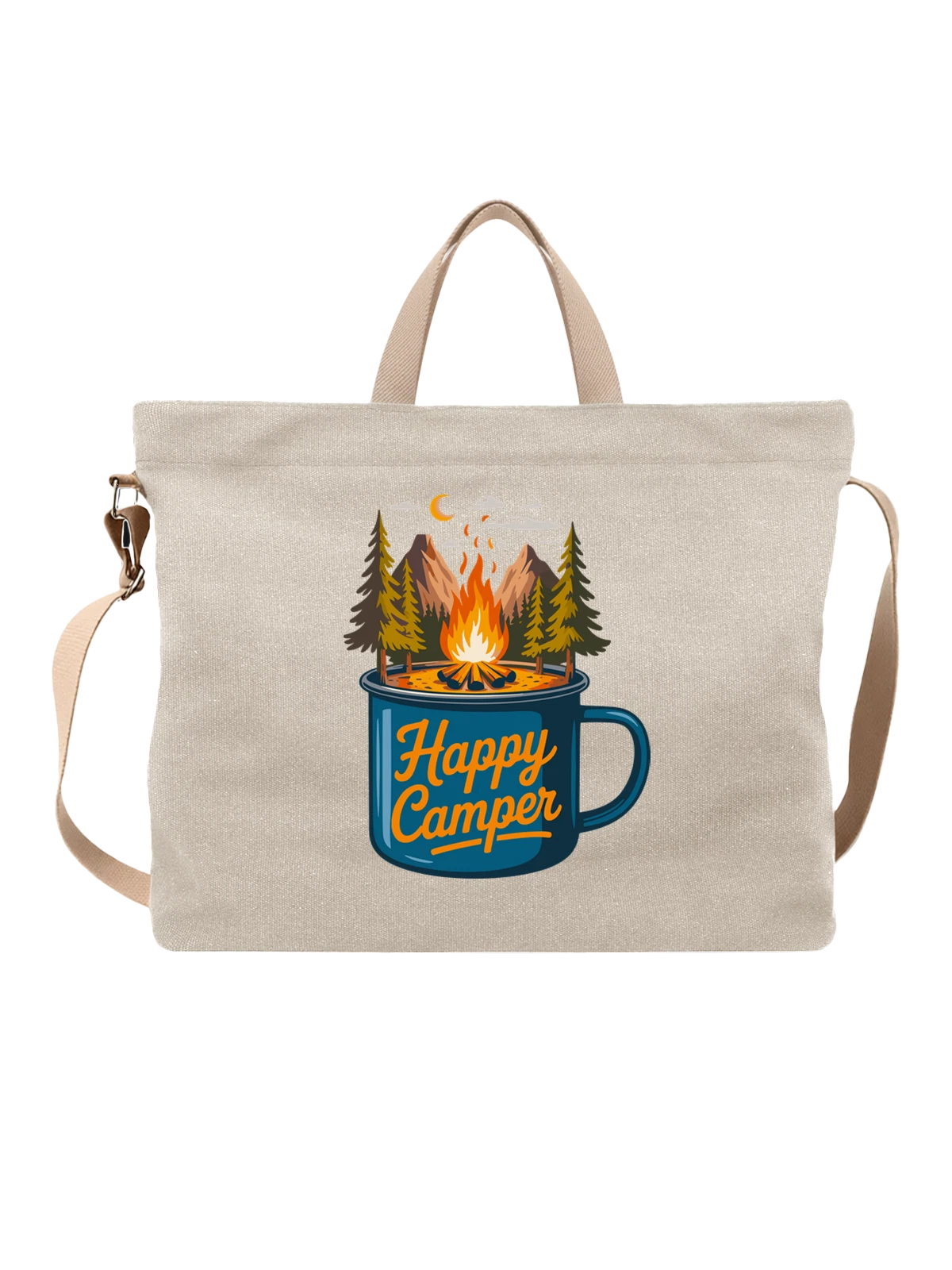 Сумка бежевая с принтом Кружка с костром и надписью Happy Camper — горы — Бежевая, фото 1