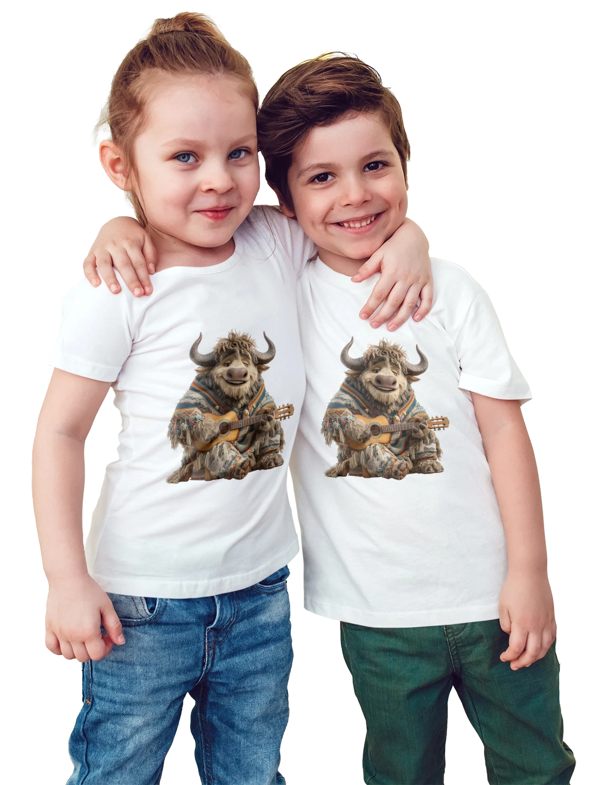 Футболка детская Як с гитарой в этническом пончо белая с принтом — шерстяная накидка — Белая, фото 1
