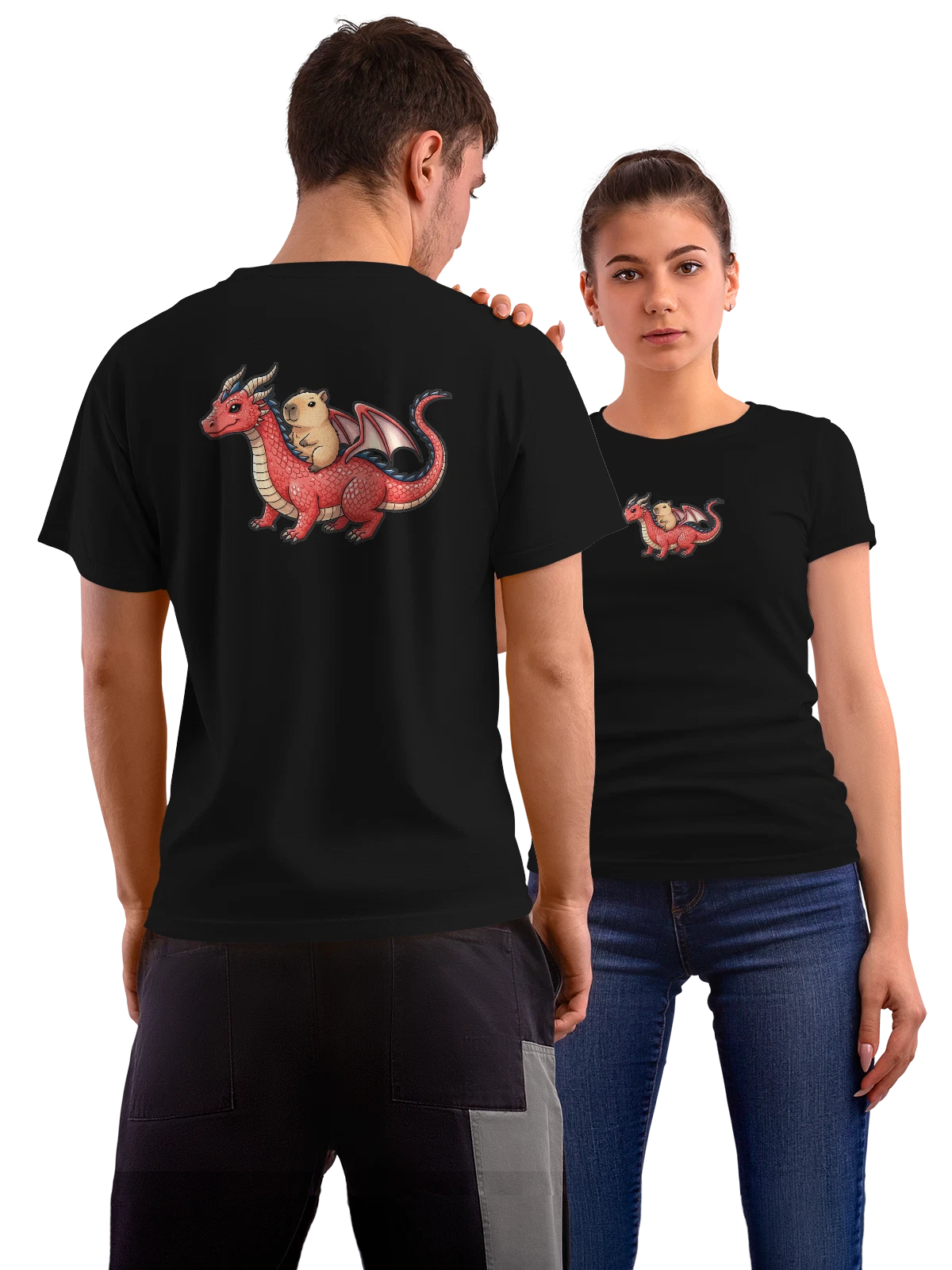 Футболка Красный дракон с капибарой на спине чёрная с принтом на спине — мультяшная иллюстрация — Чёрная, фото 1