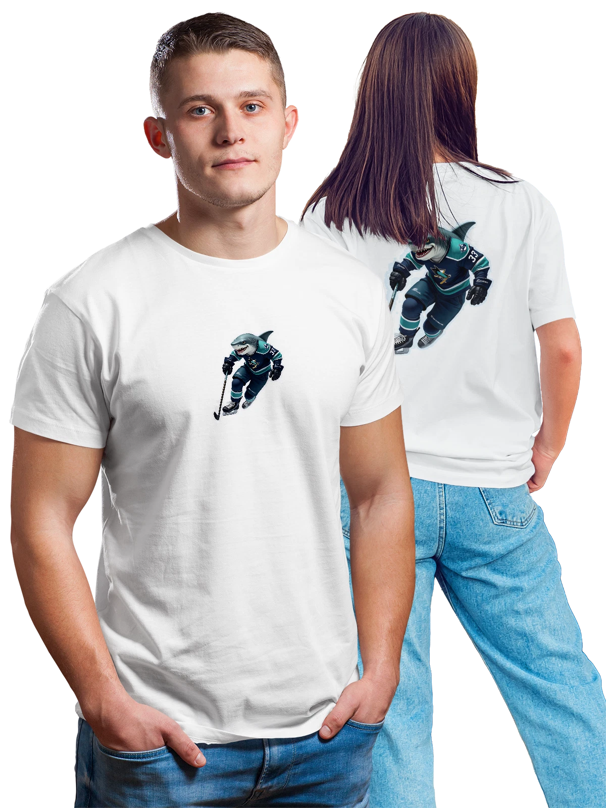 Футболка Акула-хоккеист в синей форме с клюшкой белая с принтом на спине — спортивный маскот — Белая, фото 1