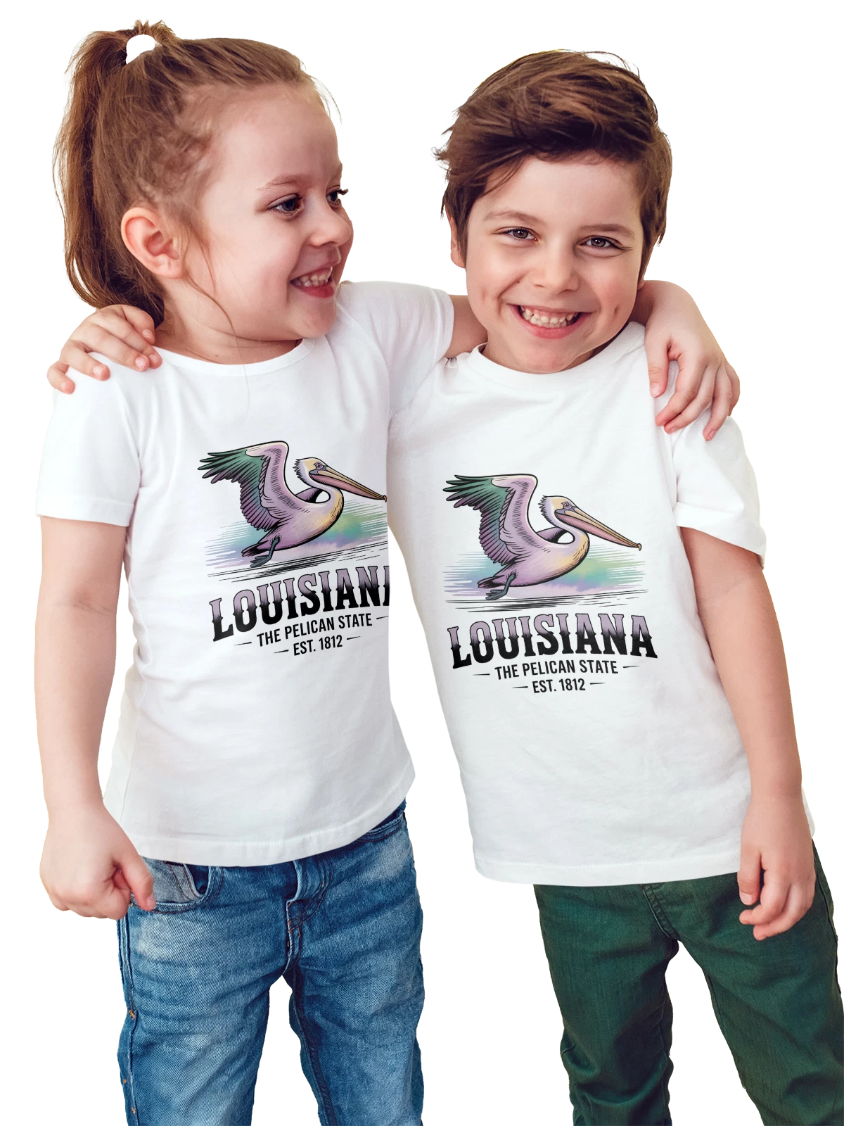 Футболка детская с пеликаном Louisiana и надписью белая с принтом — водоплавающая птица — Белая, фото 1