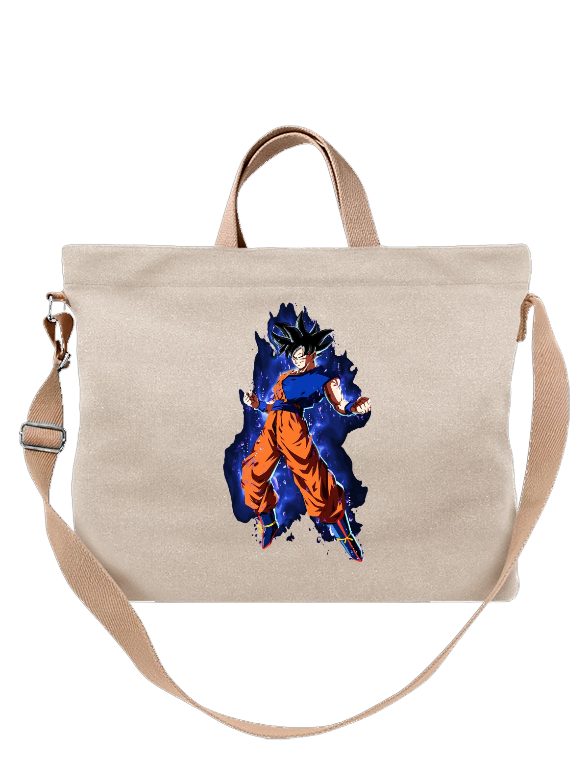 Сумка бежевая с принтом Гоку в синей боевой ауре Dragon Ball — оранжевый костюм — Бежевая, фото 1