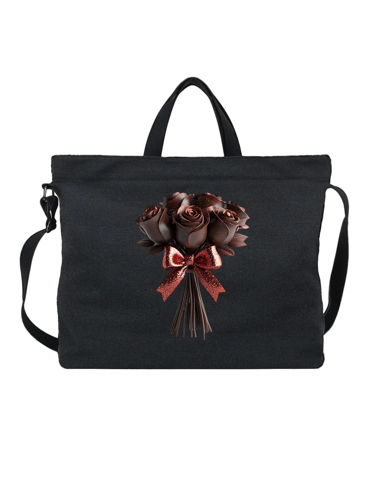 Сумка Black rose bouquet черных роз с красным бантом чёрная с принтом — длинные стебли — Чёрная, фото 1