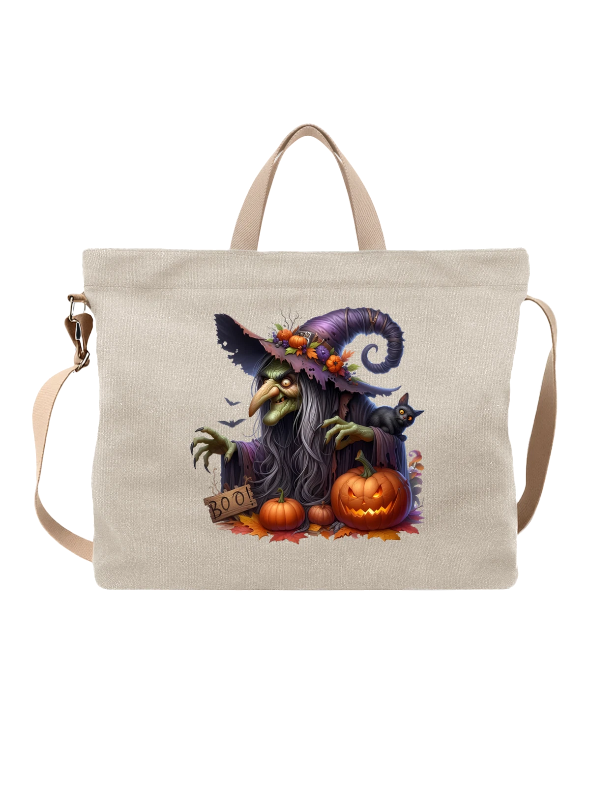 Сумка Halloween witch с черным котом и тыквами белая с принтом — jack-o'-lantern — Белая, фото 1