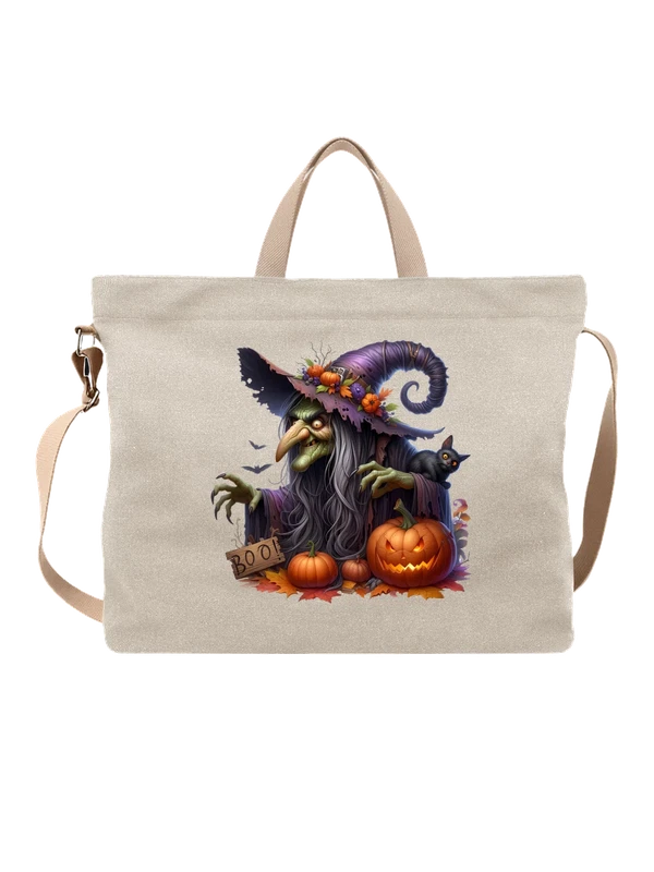 Сумка Halloween witch с черным котом и тыквами — Белая, фото 1