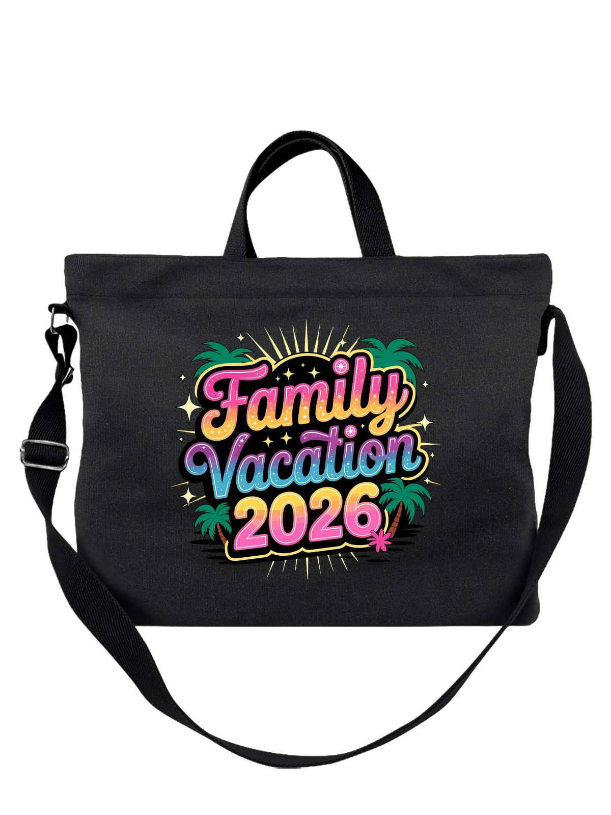 Сумка чёрная с принтом Family Vacation 2026 с пальмами и звездами — пляжная тема — Чёрная, фото 1