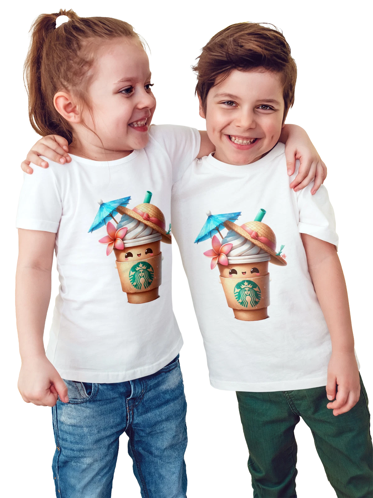 Футболка детская Стакан Starbucks с десертом и зонтиком белая с принтом — холодный кофе — Белая, фото 1