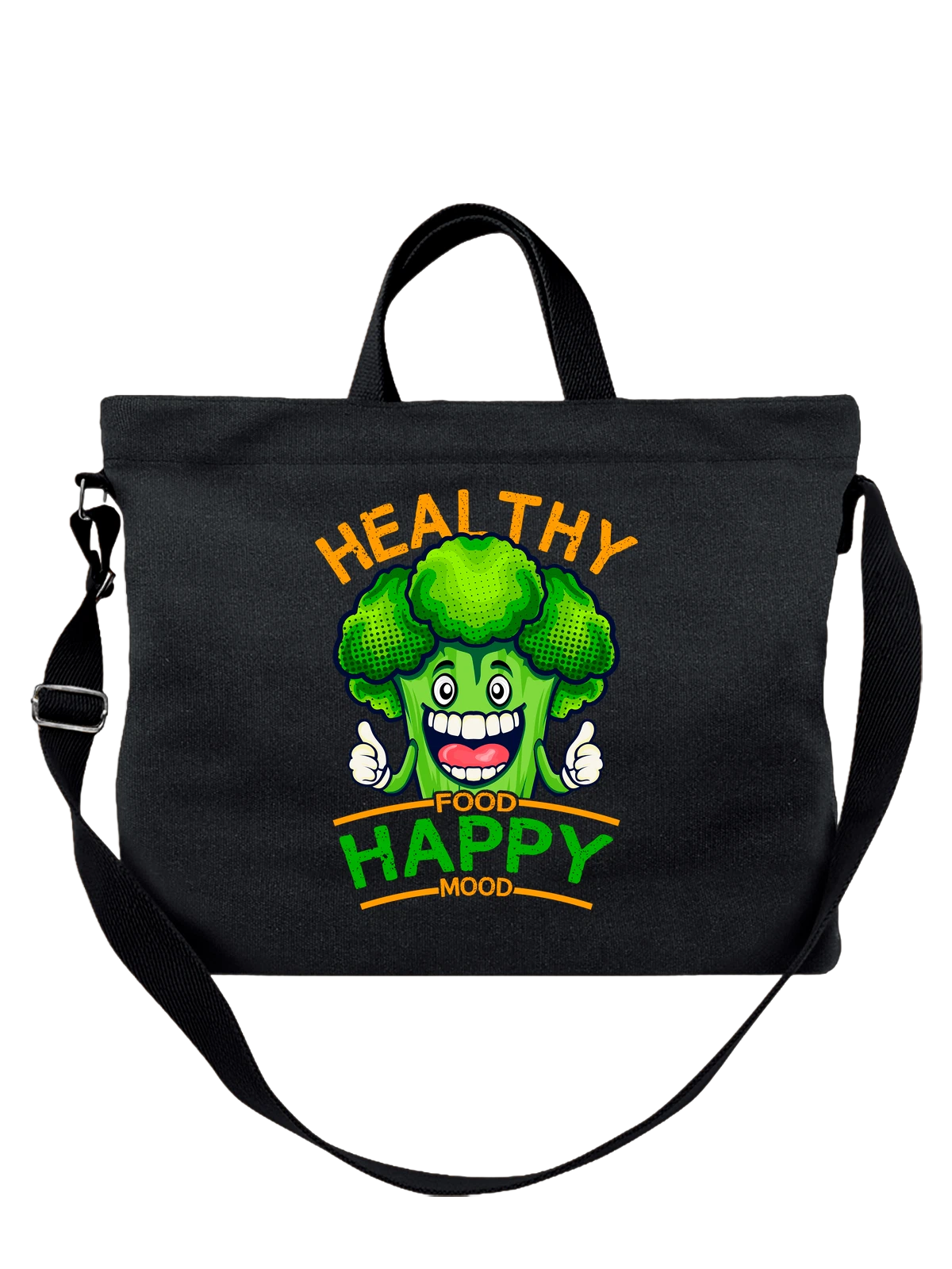 Сумка чёрная с принтом с брокколи healthy food — забавная еда — Чёрная, фото 1