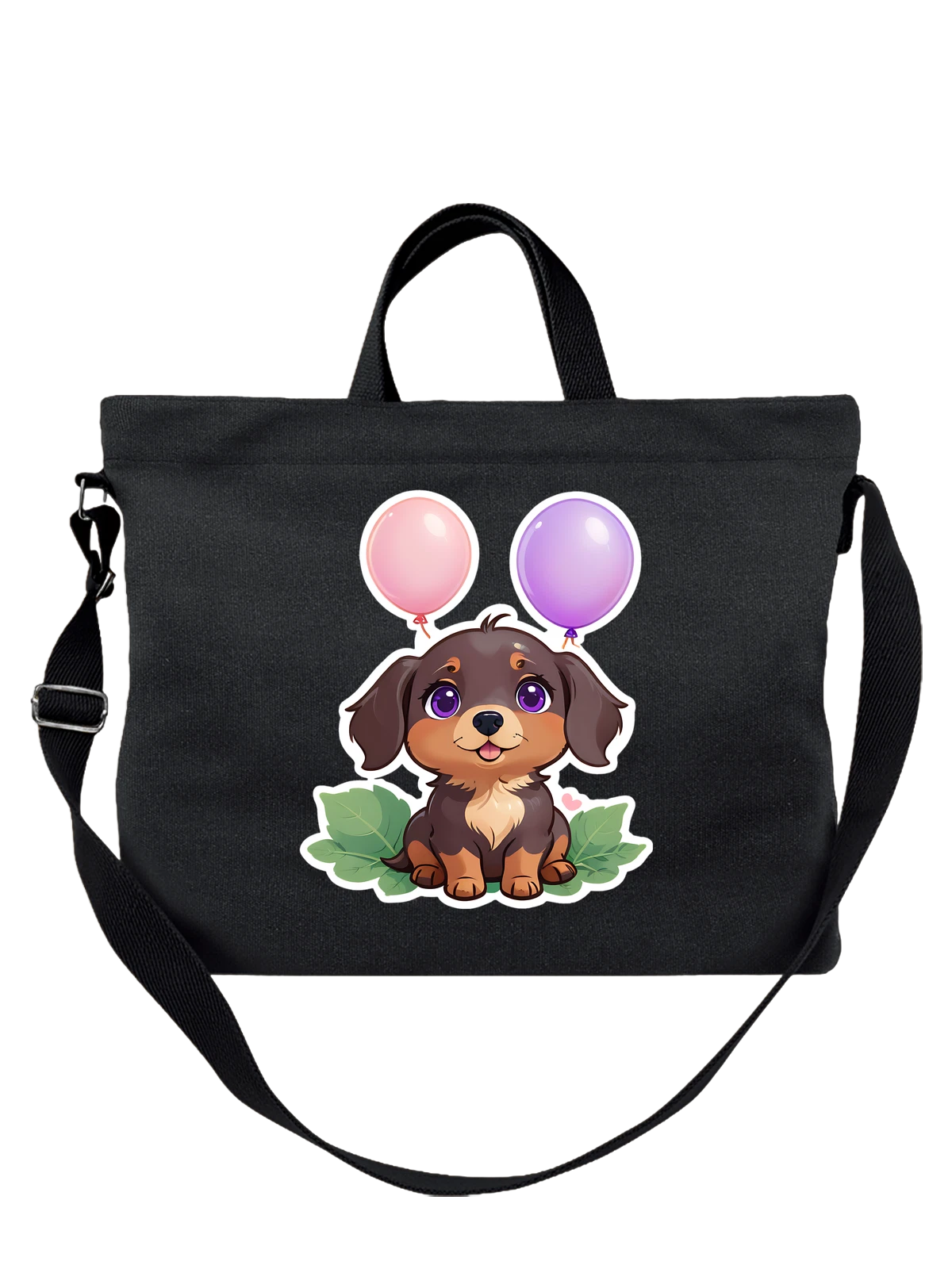 Сумка Щенок таксы с шариками и листьями милый чёрная с принтом — dachshund puppy — Чёрная, фото 1