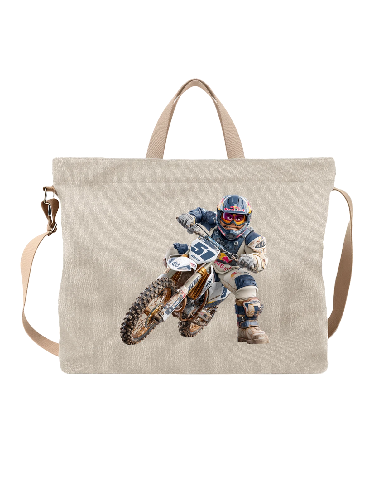 Сумка бежевая с принтом Мотокроссиста на dirt bike, No57 — шлем — Бежевая, фото 1