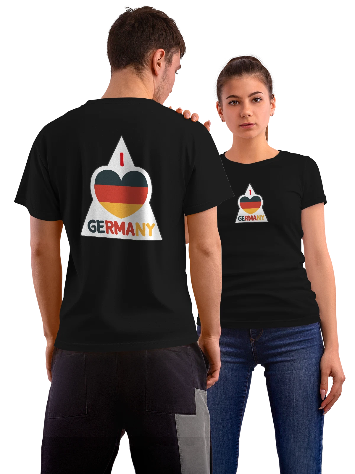 Футболка Сердце флаг Германии I Love Germany среди листьев чёрная с принтом на спине — национальный символ — Чёрная, фото 1
