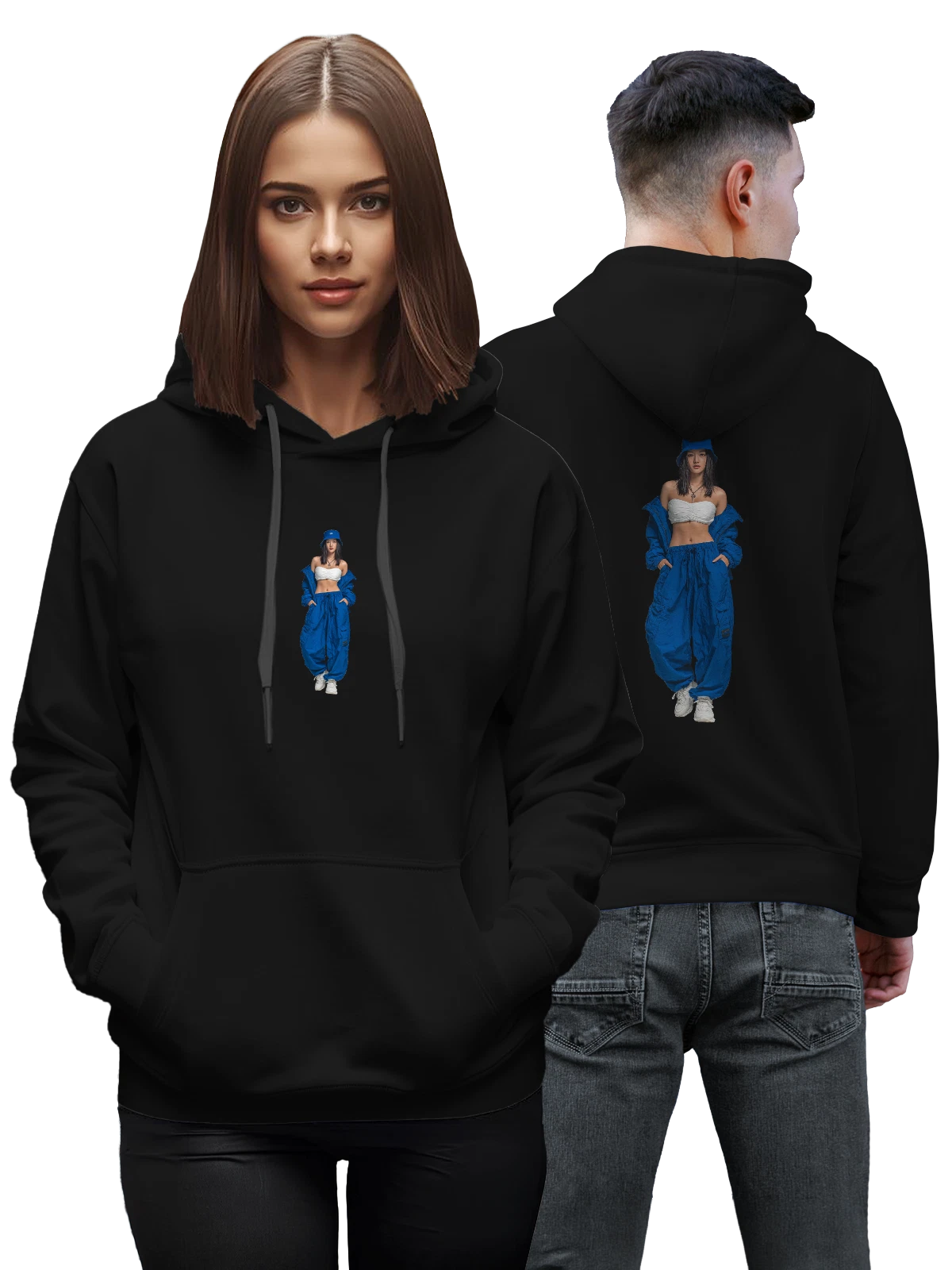 Худи Young woman в синем streetwear образе чёрное с принтом — urban fashion — Чёрная, фото 1