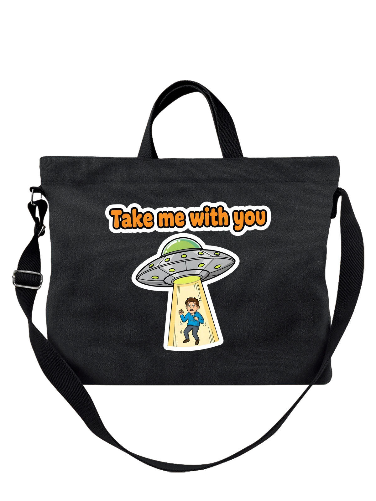 Сумка чёрная с принтом Мальчик и НЛО похищение Take me with you — UFO — Чёрная, фото 1