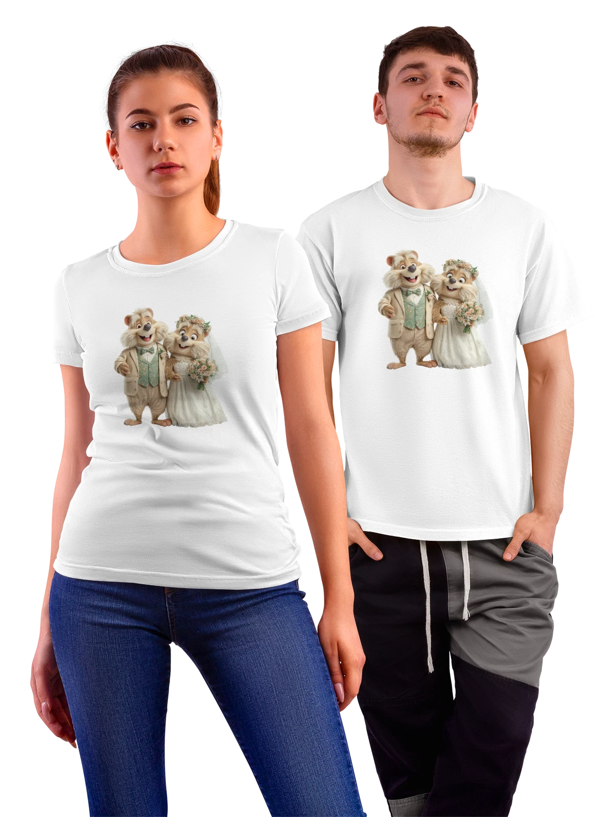 Футболка Свадебные щенки в свадебных костюмах белая с принтом — фата — Белая, фото 1