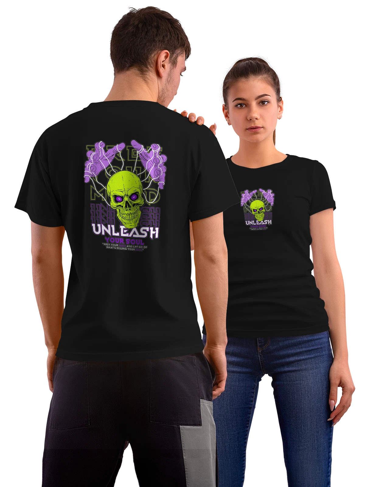 Футболка Неоновый череп с надписью UNLEASH чёрная с принтом на спине — готический стиль — Чёрная, фото 1