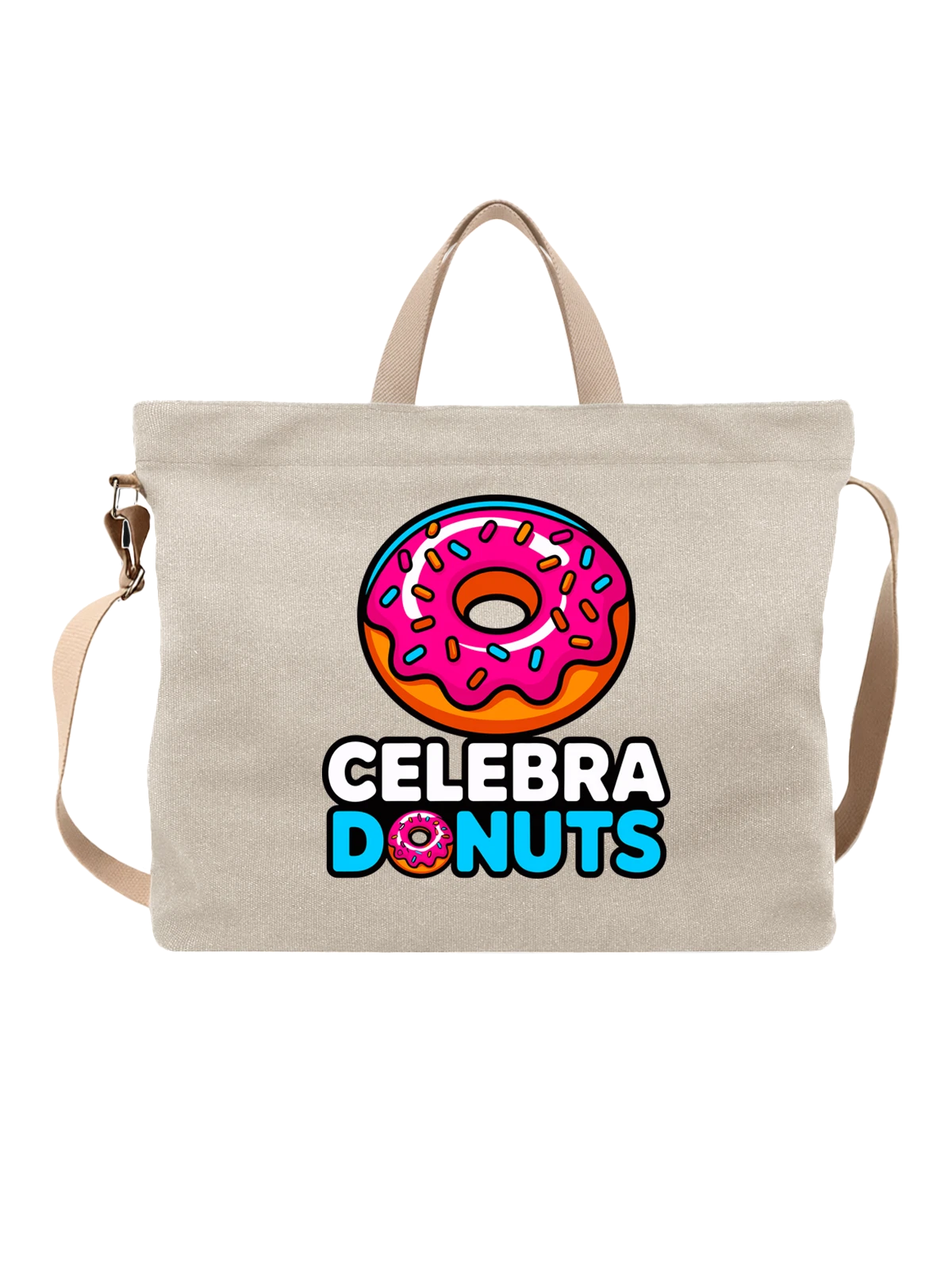 Сумка бежевая с принтом Пончик CELEBRA DONUTS с глазурью — розовая глазурь — Бежевая, фото 1